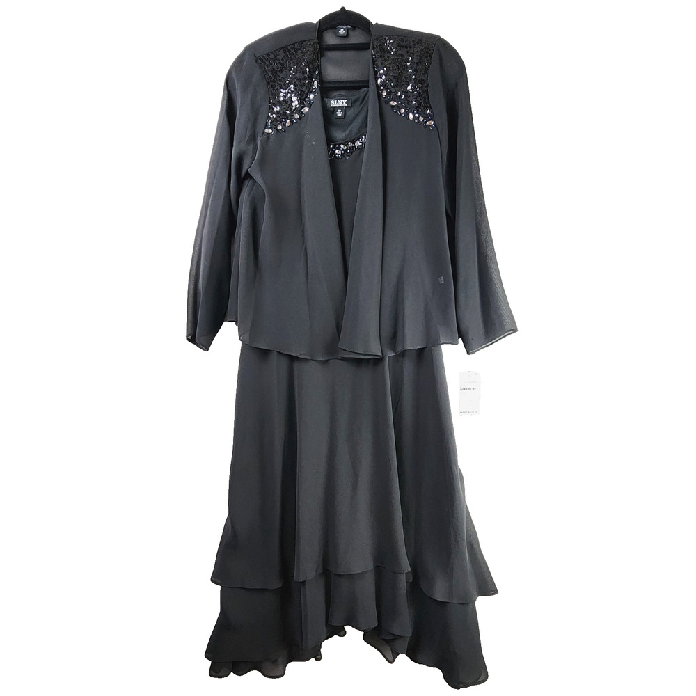 SLNY Black Formal Dress & Jacket Set, 8P Ruffled Skirt, Sequin Shoulder Detail